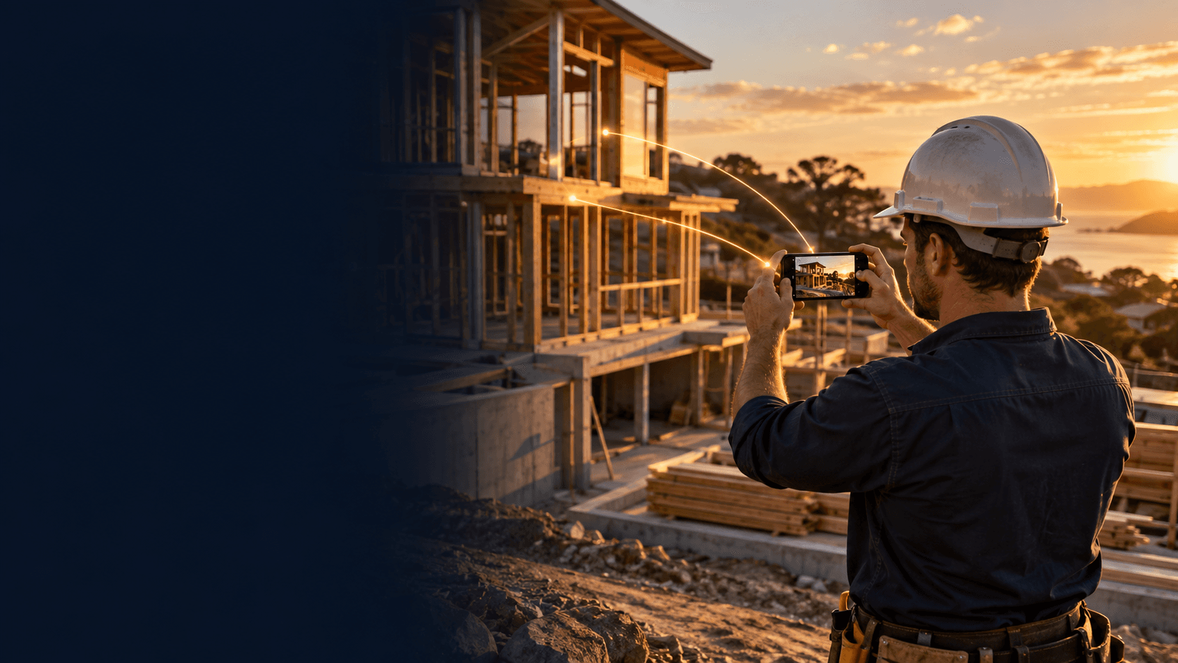 A builder photographing a construction project at sunset.
