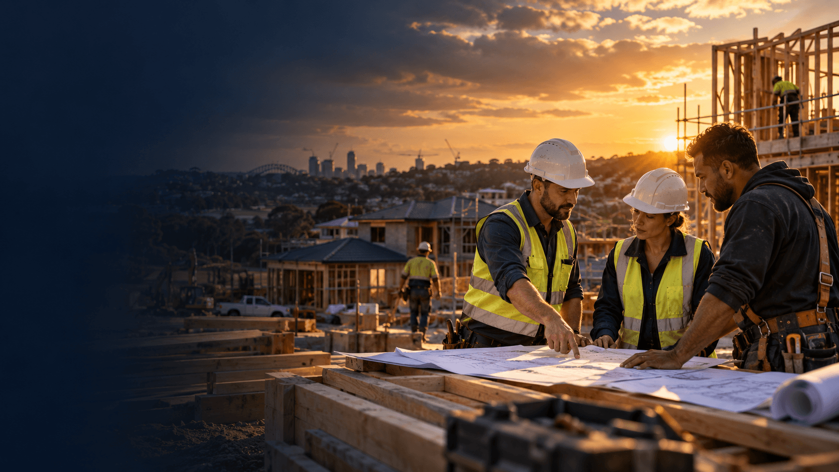 Construction professionals collaborating over plans at a building site in the evening.